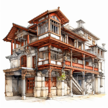 the architectural drawing depicts a beautiful hand-drawn building design, isolated on a clean white background with no shadows, showcasing intricate lines, curves, and details, perfect for architecture enthusiasts, designers, and artists looking for inspiration in modern urban planning and construction. ai generatedの素材