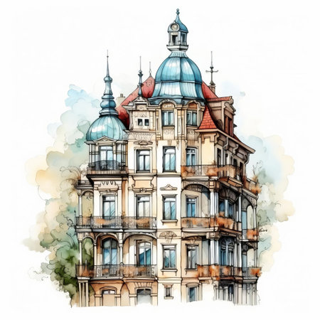 the architectural drawing showcases a beautifully hand-drawn design, isolated on a clean white background, devoid of shadows, highlighting the intricate details and precision of the artist's skillful strokes, perfect for architecture enthusiasts, designers, and art lovers alike. ai generatedの素材