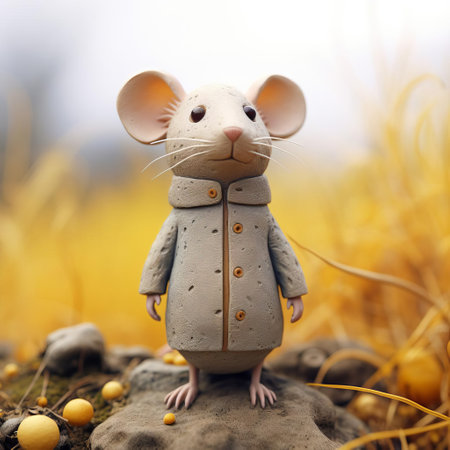 the mouse figurine, inspired by the inventive character designs of evgeni gordiets and clemens ascher, stands proudly in the midst of a lush jungle, its spiky mounds and concrete-like texture blending seamlessly into the surroundings, showcasing its unique, full-body design in this intimate close-up shot. ai generatedの素材