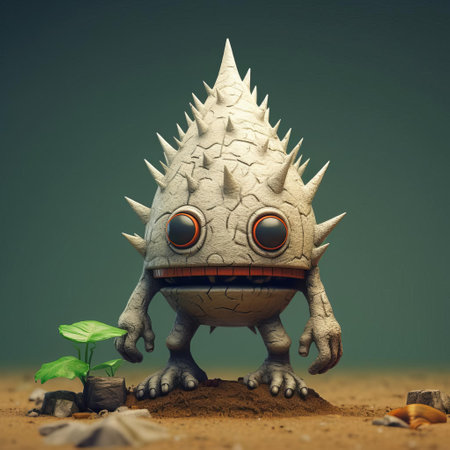 the monster figurine, inspired by the inventive character designs of evgeni gordiets and clemens ascher, stands proudly in the midst of a lush jungle, its spiky mounds and concrete-like texture blending seamlessly into the surroundings, showcasing its full body in a stunning close-up shot. ai generatedの素材