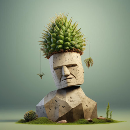 the male figurine, reminiscent of evgeni gordiets' and clemens ascher's inventive character designs, stands proudly amidst the lush jungle foliage, its concrete body adorned with spiky mounds, showcasing a unique blend of organic and industrial elements in this captivating close-up, full-body shot. ai generatedの素材