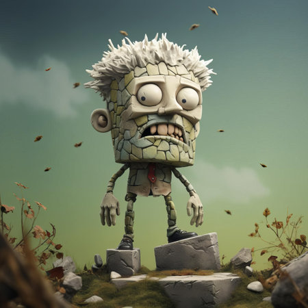 the zombie figurine, reminiscent of evgeni gordiets' and clemens ascher's inventive character designs, stands amidst a jungle backdrop, its concrete-like texture and spiky mounds evoking a sense of eerie realism, as seen in the close-up full-body shot, showcasing the intricate details of this imaginative and unsettling piece of art. ai generatedの素材