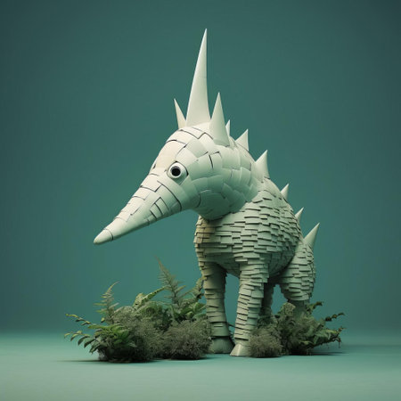 this dolphin figurine, reminiscent of evgeni gordiets' and clemens ascher's inventive character designs, stands proudly in a jungle setting, its concrete body adorned with spiky mounds, showcasing the artist's unique style, as seen in the intricate details of this full-body, close-up shot. ai generatedの素材