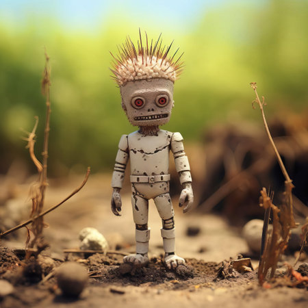 this eerie zombie figurine, reminiscent of evgeni gordiets' and clemens ascher's inventive character designs, stands amidst a jungle backdrop, its concrete-like texture and spiky mounds evoking a sense of foreboding, as seen in this close-up, full-body shot, showcasing the artist's attention to detail in every gruesome feature. ai generatedの素材