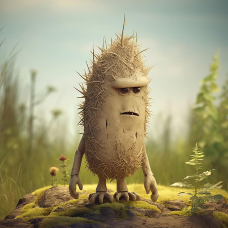 the monster figurine, inspired by the imaginative styles of evgeni gordiets and clemens ascher, stands proudly in the midst of a lush jungle, its inventive character design and spiky mounds evoking a sense of concrete fantasy, as seen in a close-up, full-body shot, showcasing its intricate details. ai generatedの素材