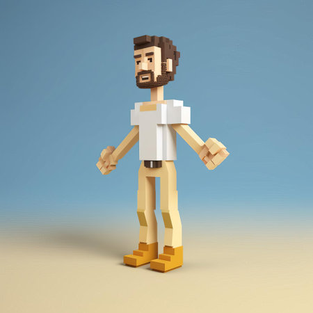 the cartoon character, a male figure, stands out against a crisp white background in this vibrant 3d 8-bit pixel art illustration, showcasing a nostalgic retro aesthetic with its blocky, low-resolution design, perfect for digital art enthusiasts and gamers alike. ai generatedの素材
