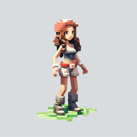 the cartoon woman stands out against a crisp white background, her full body rendered in vibrant 8-bit pixels, evoking a nostalgic video game aesthetic, perfect for retro gaming enthusiasts and fans of 3d pixel art, with a playful and colorful visual style. ai generatedの素材
