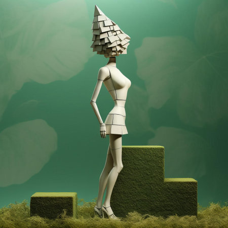 the female figurine, reminiscent of evgeni gordiets' and clemens ascher's inventive character designs, stands majestically amidst the lush jungle foliage, her concrete form adorned with spiky mounds, showcasing the artist's unique blend of organic and industrial elements in this captivating close-up, full-body portrait. ai generatedの素材