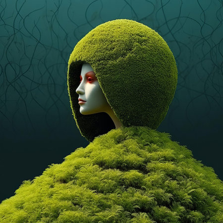 the female figurine, reminiscent of evgeni gordiets' and clemens ascher's inventive character designs, stands proudly amidst the lush jungle foliage, her concrete body adorned with spiky mounds, showcasing the artist's unique blend of organic and industrial elements in this captivating close-up, full-body portrait. ai generatedの素材