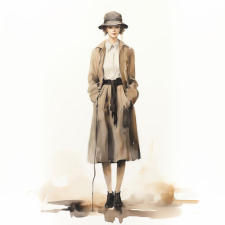 morgan, a solitary figure, stands elegantly in a full-body pose, set against a pristine white background, evoking a sense of nostalgia with its vintage charm, beautifully rendered in a dreamy watercolored effect, exuding a soft, romantic ambiance. ai generatedの素材