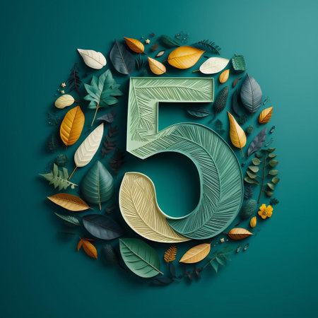 fifty, the iconic numeral, is meticulously crafted from a delicate arrangement of autumn leaves, showcasing intricate details and textures, set against a calming teal background that evokes feelings of serenity and nature's beauty, perfect for nature-inspired art and design enthusiasts. ai generatedの素材
