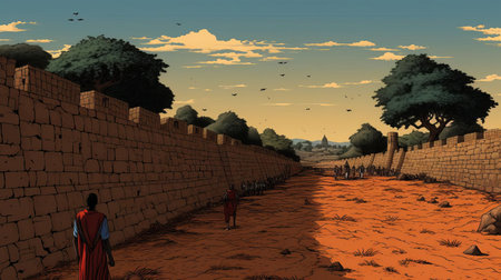 the medieval pathway winds its way through the rustic nigerian landscape, flanked by a worn stone wall, evoking a sense of ancient history and fantasy, reminiscent of middle ages comic book illustrations, with its earthy tones and whimsical atmosphere, perfect for fans of historical fiction and adventure stories. ai generatedの素材