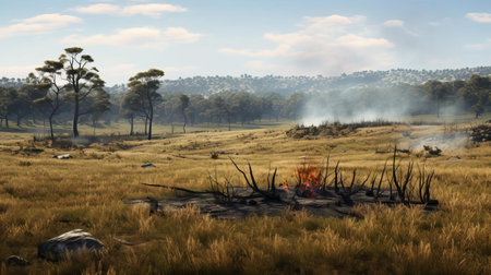 grassland sprawls across a previously charred forest, showcasing nature's resilience as green shoots burst forth from the blackened earth, with tall trees standing like sentinels amidst the regrowth, a testament to the cyclical power of fire and renewal in the wild. ai generatedの素材