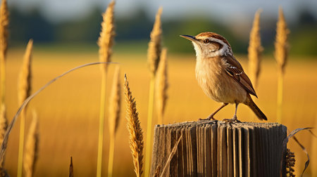 the carolina wren perches confidently on a rustic fence post at a picturesque farm, surrounded by a vibrant landscape of lush green cornfields, its bright plumage and cheerful demeanor radiating warmth and joy, captured in a stunning warm-toned photograph showcasing the beauty of rural wildlife. ai generatedの素材