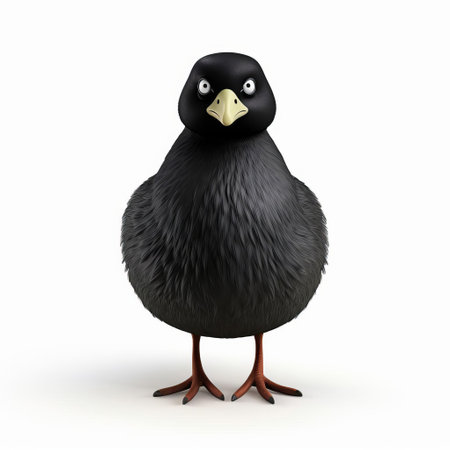 the american coot, a fascinating waterbird, is beautifully depicted in this 3d render plastic cartoon, showcasing its full body in vibrant colors against a pristine white background, highlighting its distinctive black head, white forehead shield, and striking red eyes, perfect for nature enthusiasts and birdwatchers. ai generatedの素材