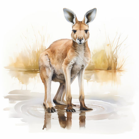 a kangaroo, symbol of australian wildlife, is beautifully depicted in a stunning watercolour painting on a crisp white background, showcasing its iconic features, such as powerful hind legs and strong tail, in a vibrant and expressive artistic representation of nature and wildlife. ai generatedの素材