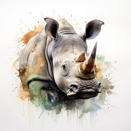 the rhinoceros, depicted in a stunning watercolour painting on a crisp white background, showcases the majestic beauty of this endangered species, with intricate details and subtle textures, evoking a sense of wildness and freedom, perfect for nature lovers and art enthusiasts alike, highlighting conservation efforts. ai generatedの素材