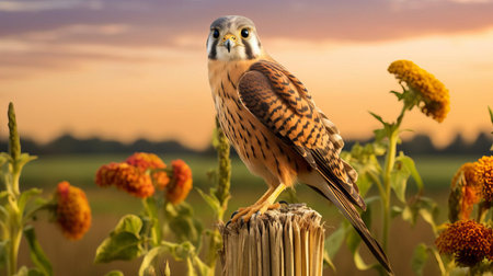 the american kestrel perches proudly on a rustic farm fence post, surrounded by a vibrant landscape of lush green cornfields, its bright plumage and cheerful demeanor radiating warmth and joy, captured in a stunning warm-toned photograph that exudes rural charm and natural beauty. ai generatedの素材