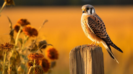 the american kestrel perches proudly on a rustic fence post at a picturesque farm, basking in the warm sunlight, its vibrant plumage glowing with joy, set against a stunning backdrop of lush green cornfields, capturing the essence of rural serenity and natural beauty in this heartwarming wildlife photography. ai generatedの素材