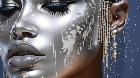 the vibrant kenya-inspired painting, rendered in an impressionist style reminiscent of nicki minaj's bold aesthetic, bursts with detailed silver hues, juxtaposed against dull silver tones, evoking a sense of dynamic contrast and captivating visual tension, perfect for art enthusiasts and fans of the rap icon. ai generatedの素材