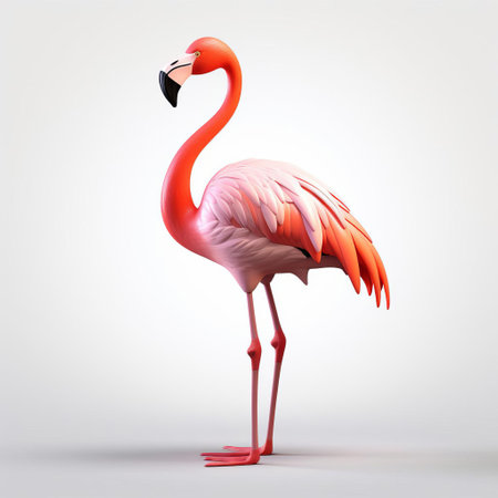 american flamingo stands proudly in a vibrant 3d render, showcasing its bright pink feathers and long neck against a crisp white background, highlighting its unique characteristics as a popular wading bird species found in shallow lakes and coastal areas of the americas, often featured in wildlife and nature photography. ai generatedの素材