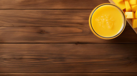 fresh mango juice is showcased on top of a rustic wooden table, capturing a serene atmosphere, perfect for a summer morning, with the vibrant orange-yellow liquid glistening in the light, surrounded by natural textures, evoking feelings of refreshment and tranquility. ai generatedの素材