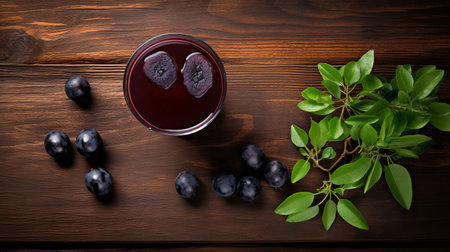 prune juice, rich in antioxidants and fiber, is beautifully displayed on a rustic wooden table, showcasing its deep purple color and velvety texture, perfect for a healthy breakfast or snack, with a natural and organic ambiance, evoking feelings of wellness and nutrition. ai generatedの素材
