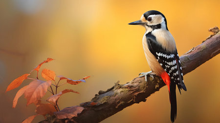 the great spotted woodpecker sits proudly on a sturdy brown stem, its vibrant plumage and distinctive red cap standing out against a bright, sun-drenched background, showcasing its unique characteristics in this stunning high-definition wildlife photography capture, perfect for nature enthusiasts and birdwatchers. ai generatedの素材