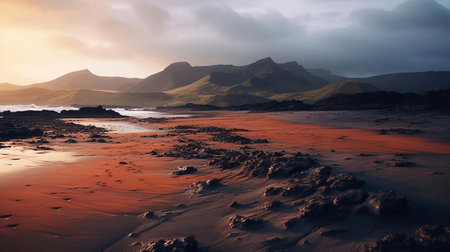 "aerial volcanic field captures a serene sandy beach scene, bathed in warm golden light, showcasing hyper-realistic details, reminiscent of renowned drone photographers' works, evoking a sense of tropical paradise and inviting exploration of nature's wonders.", ai generatedの素材