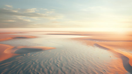 aerial tidal flats capture a serene sandy beach at low tide, bathed in warm golden light, showcasing a hyper-realistic scene reminiscent of famous drone photographers, perfect for coastal landscape enthusiasts and fans of nature photography and drone aerial photography. ai generatedの素材