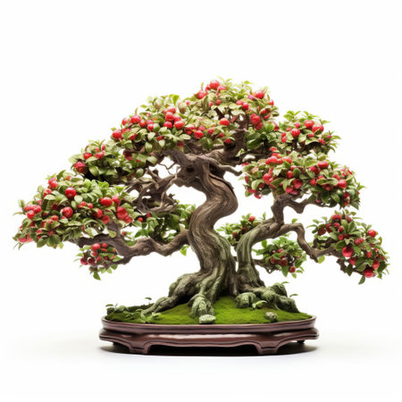 the apple tree bonsai, meticulously pruned and trained, stands proudly on a pristine white background, showcasing its intricate branches and delicate leaves in a stunning full-frame composition, devoid of any distracting shade or shadow, perfect for nature enthusiasts and photography aficionados alike. ai generatedの素材