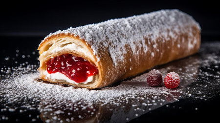 the arctic roll, a decadent dessert, sits elegantly on a pedestal, boasting a delicate dusting of powdered sugar that adds a touch of sophistication, beautifully backlit to enhance its caramelized sweetness and golden crust, perfect for satisfying any sweet tooth or dessert craving. ai generatedの素材