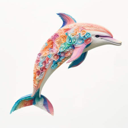 this adorable knitted dolphin, set against a pristine white background, showcases intricate stitching and vibrant colors, capturing the playful essence of the marine mammal, perfect for ocean lovers and craft enthusiasts alike, evoking feelings of serenity and whimsy. ai generatedの素材