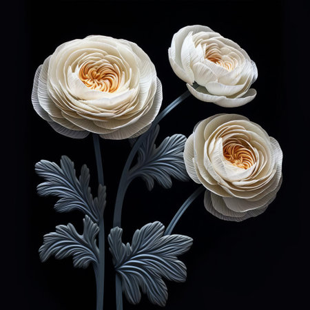 the ranunculus flower stands majestically against a dramatic black background, its delicate petals and intricate details captured in stunning photorealistic clarity, evoking the organic architecture of nature and the whimsical illustrations of cicely mary barker, with the subtle nuances of martin puryear's style, set against a backdrop of high contrast, reminiscent of native brazilian motifs, showcasing the flower's graceful curves in exquisite beauty. ai generatedの素材