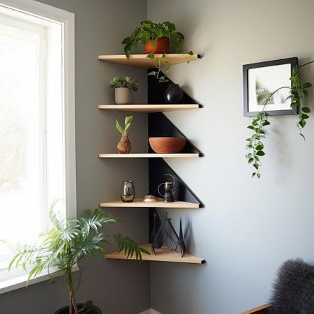 corner shelf provides ample storage space in small areas, perfect for organizing books, decorative items, and kitchen utensils in a compact and stylish way, adding a touch of elegance to any room's interior design and decor. ai generatedの素材