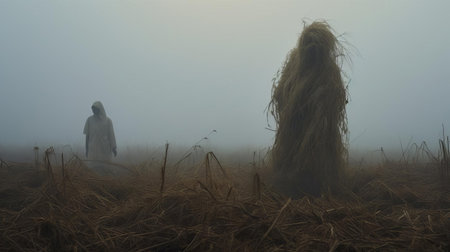 the monster stands eerily across a fog-shrouded field, evoking an otherworldly atmosphere reminiscent of avant-garde portraiture and conceptual installation art, where chaotic environments and soft, dreamy scenes converge, shrouded in a misty veil that hints at the unknown, exuding an aura of subtle terror. ai generatedの素材