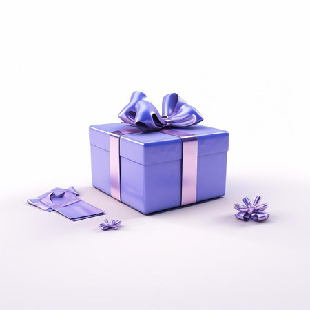 the periwinkle gift box, adorned with untied ribbons and a beautiful bow, lies elegantly on the floor against a pristine white isolated background, evoking a sense of luxury and sophistication, perfect for birthday, wedding, or anniversary celebrations, and ideal for e-commerce product displays or advertising campaigns. ai generatedの素材