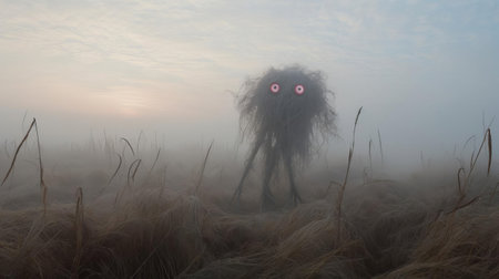 a monster stands eerily across a misty field, shrouded in an ominous fog, evoking the surreal quality of avant-garde portraiture and conceptual installation art, where chaotic environments and otherworldly paintings converge, blurring the lines between reality and fantasy, in a soft, dreamy scene that exudes an unsettling, scary atmosphere. ai generatedの素材