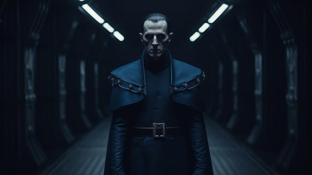 kaecilius, a powerful sorcerer, strides confidently through a dimly lit, ominous corridor, his dark blue uniform a testament to his allegiance to the dark arts, as the shadows cast an eerie glow, foreshadowing the mystical battles to come in the realm of magic and sorcery. ai generatedの素材