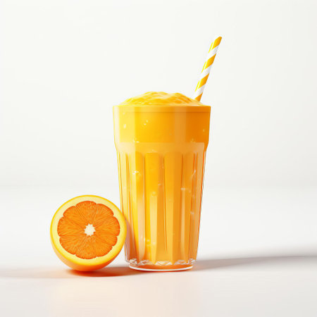 freshly squeezed orange juice fills a clear glass, standing out against a pristine white background, showcasing its vibrant color and tantalizing clarity, perfect for a healthy breakfast or refreshing snack on a warm summer day. ai generatedの素材