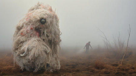 the monster stands eerily across a fog-shrouded field, evoking an otherworldly atmosphere reminiscent of avant-garde portraiture and conceptual installation art, where chaotic environments and soft, dreamy scenes converge, shrouded in a misty veil that hints at the unknown, exuding an aura of subtle terror. ai generatedの素材
