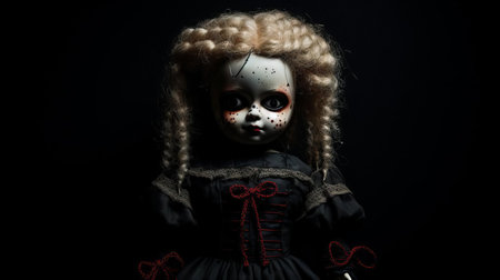 the evil doll, with its menacing gaze and tattered porcelain skin, sits ominously against a dark black background, evoking feelings of unease and foreboding, perfect for fans of horror and the supernatural, adding a touch of macabre to any room's decor. ai generatedの素材