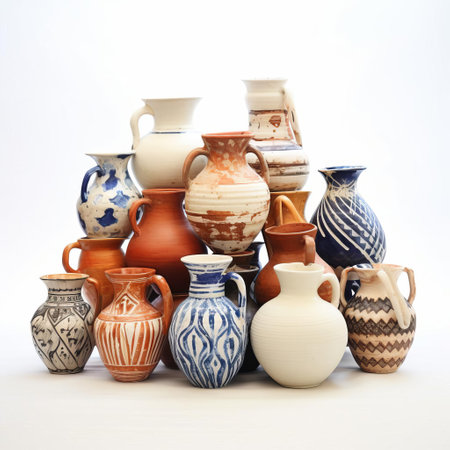 the pottery, adorned with intricate designs and patterns, sits elegantly against a pristine white background, showcasing its earthy tones and textures, evoking a sense of rustic charm and handmade craftsmanship, perfect for home decor and interior design enthusiasts. ai generatedの素材