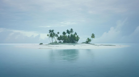 the atoll, a ring-shaped coral reef, rises majestically from the turquoise ocean waters, its white sandy beaches and lush green vegetation a stark contrast to the crystal-clear blue lagoon, showcasing the beauty of tropical marine ecosystems and the importance of coral reef conservation. ai generatedの素材