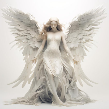 the angel, surrounded by a serene white background, spreads its majestic wings, exuding peace and tranquility, evoking feelings of hope and spirituality, as its gentle features and delicate folds of its robes create a sense of heavenly beauty and divine presence. ai generatedの素材