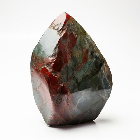 the bloodstone stone, a type of chalcedony, showcases its deep green color with red spots on a pristine white background, highlighting its unique natural beauty and metaphysical properties, often associated with courage, strength, and vitality in the realm of crystal healing and gemstone jewelry. ai generatedの素材
