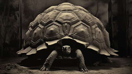 the tortoise, a captivating film still, showcases the artistic vision of karl blossfeldt, a pioneering german photographer, as he masterfully captures the intricate textures and patterns of a tortoise's shell, blending art and nature in a stunning black and white portrait. ai generatedの素材