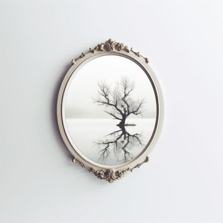 the mirror stands alone against a simplistic white background, its sleek reflective surface capturing the viewer's attention in this minimalist photography composition, showcasing the beauty of simplicity and the elegance of a solitary object in a clean and uncluttered environment. ai generatedの素材