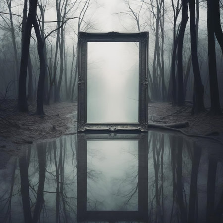 the mirror stands alone against a simplistic white background, its sleek reflective surface gleaming with subtle elegance, creating a sense of minimalism and sophistication, perfect for interior design inspiration or decorative ideas for a modern home. ai generatedの素材