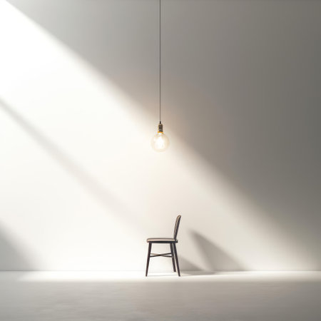 the chair sits majestically in a serene, minimalist setting, surrounded by a blank white room where two hanging light bulbs cast a warm, soft glow, evoking feelings of simplicity, elegance, and calmness, while the subtle lighting and plain white background invite the viewer to appreciate the beauty in understated design and refined sophistication. ai generatedの素材
